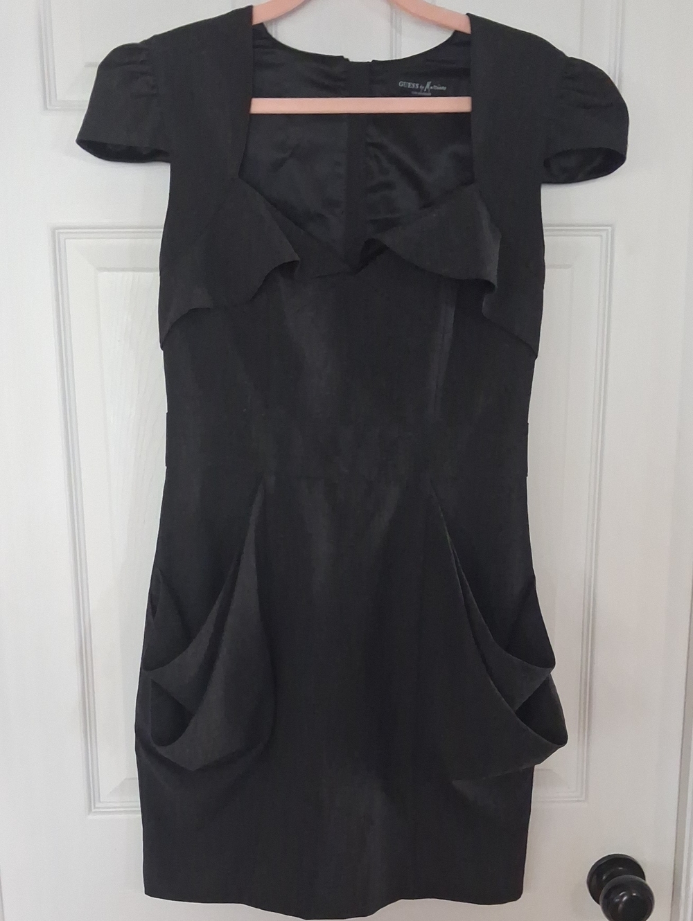 Guess by Marciano Black Short-Sleeve Midi Dress with Draped Pockets